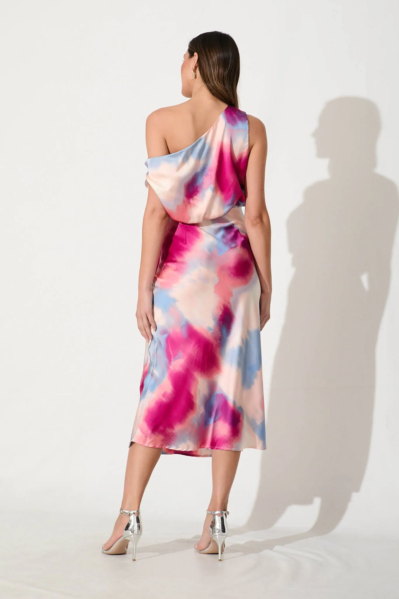 Lux Off Shoulder Midi Dress In Pink With Multi Watercolour Satin