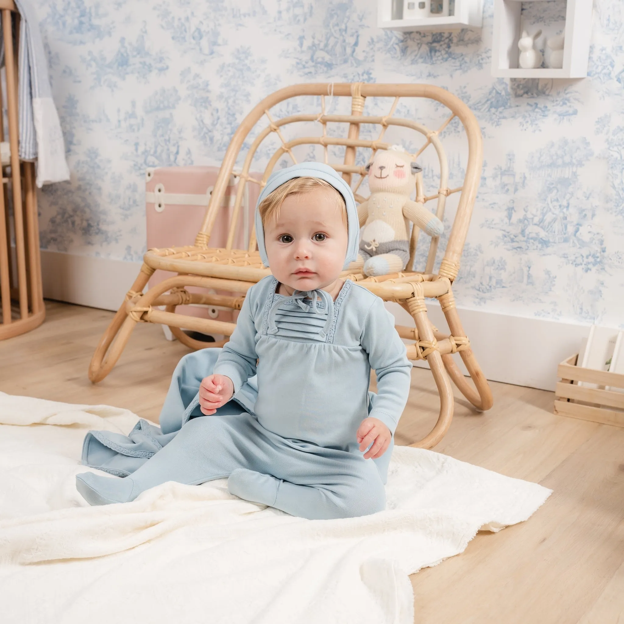 Mabel Bebe Beau Blue Pleat Layette Set