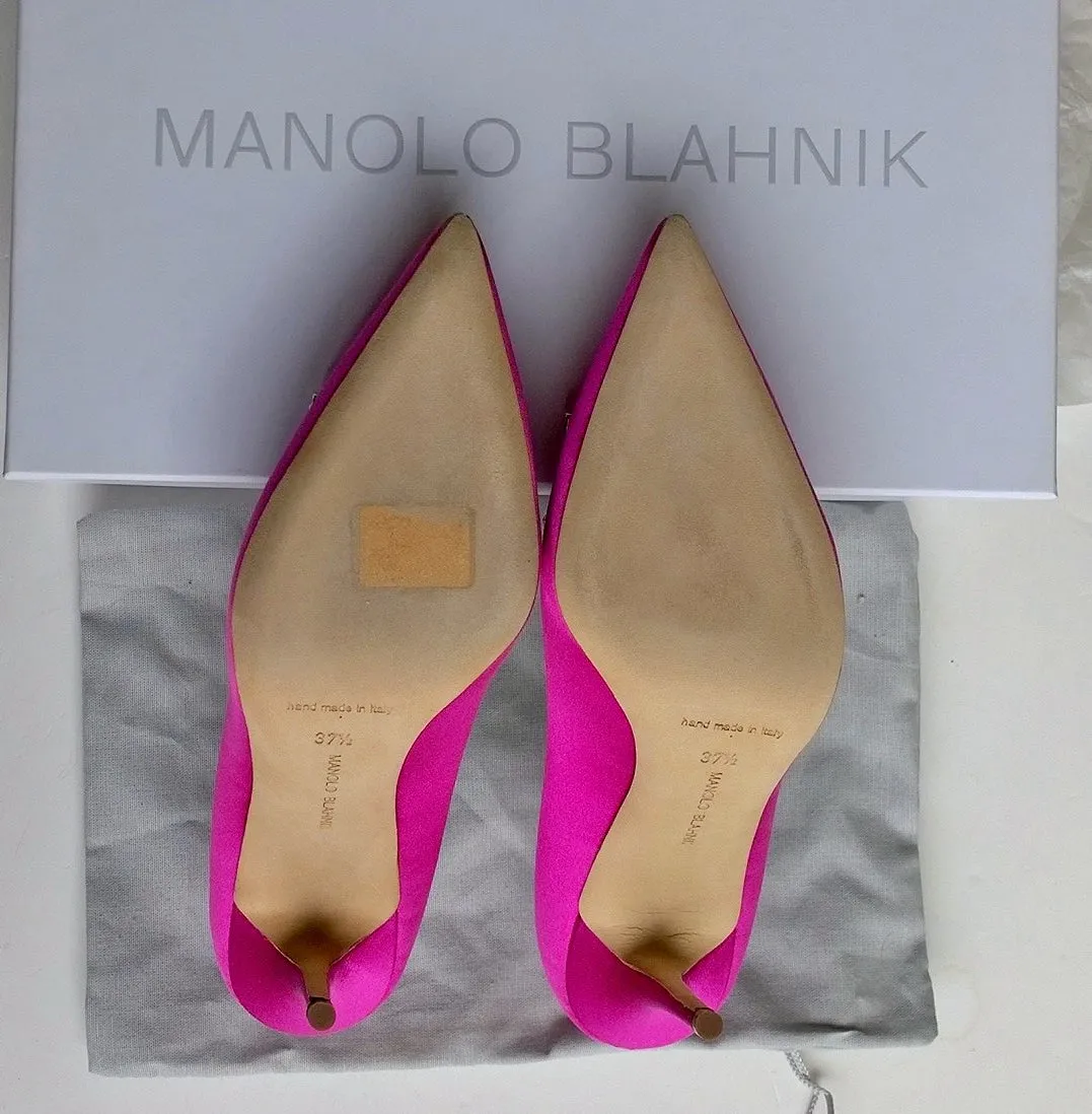 Manolo Blahnik Borlak 105 Fuchsia Satin Strass Heels