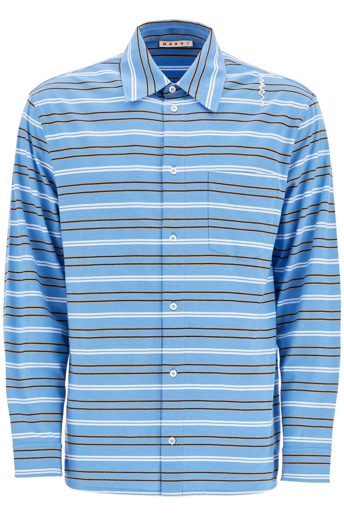 Marni Light Blue Cotton Turtleneck Polo With Horizontal Stripes