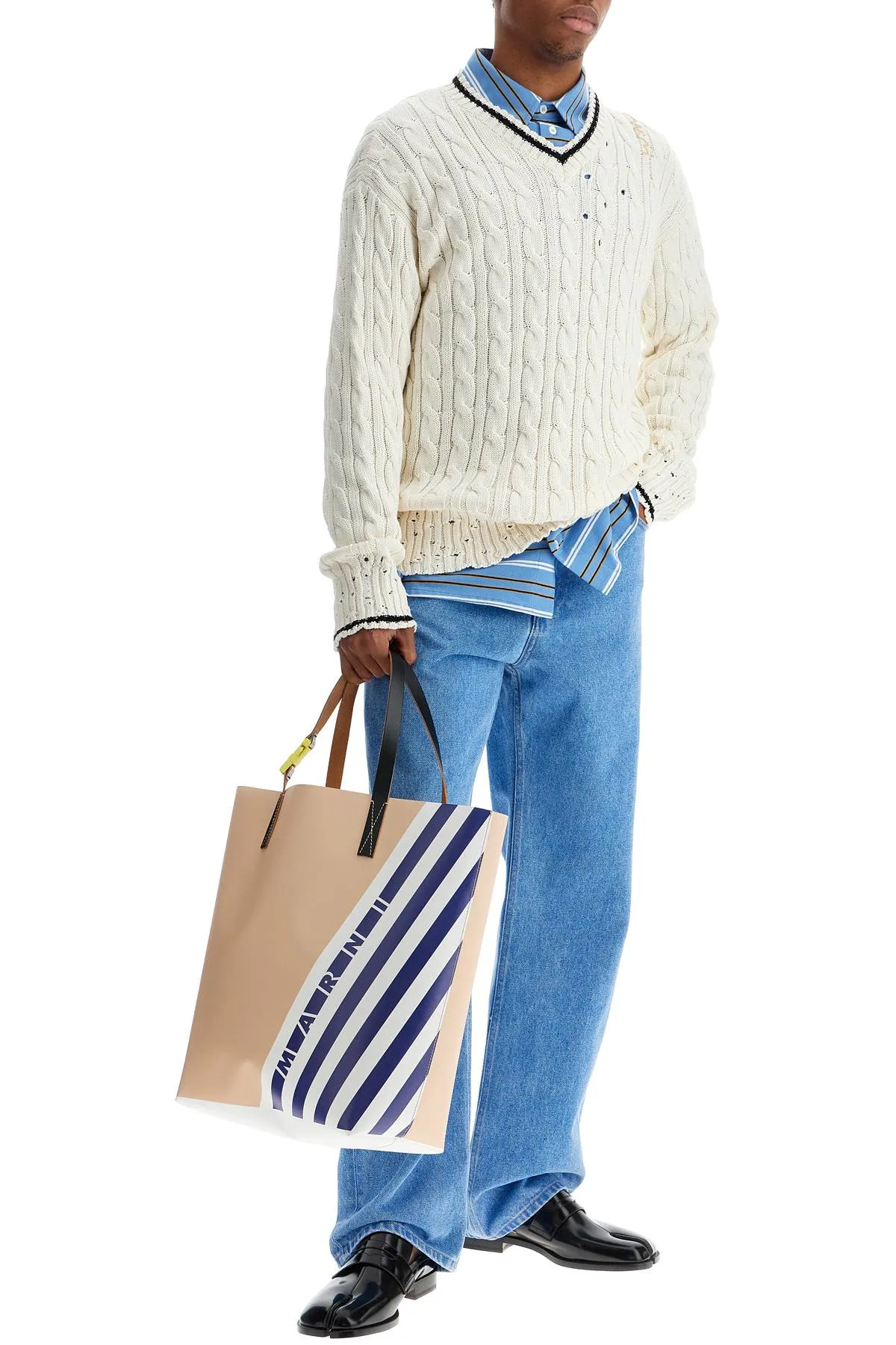 Marni Light Blue Cotton Turtleneck Polo With Horizontal Stripes