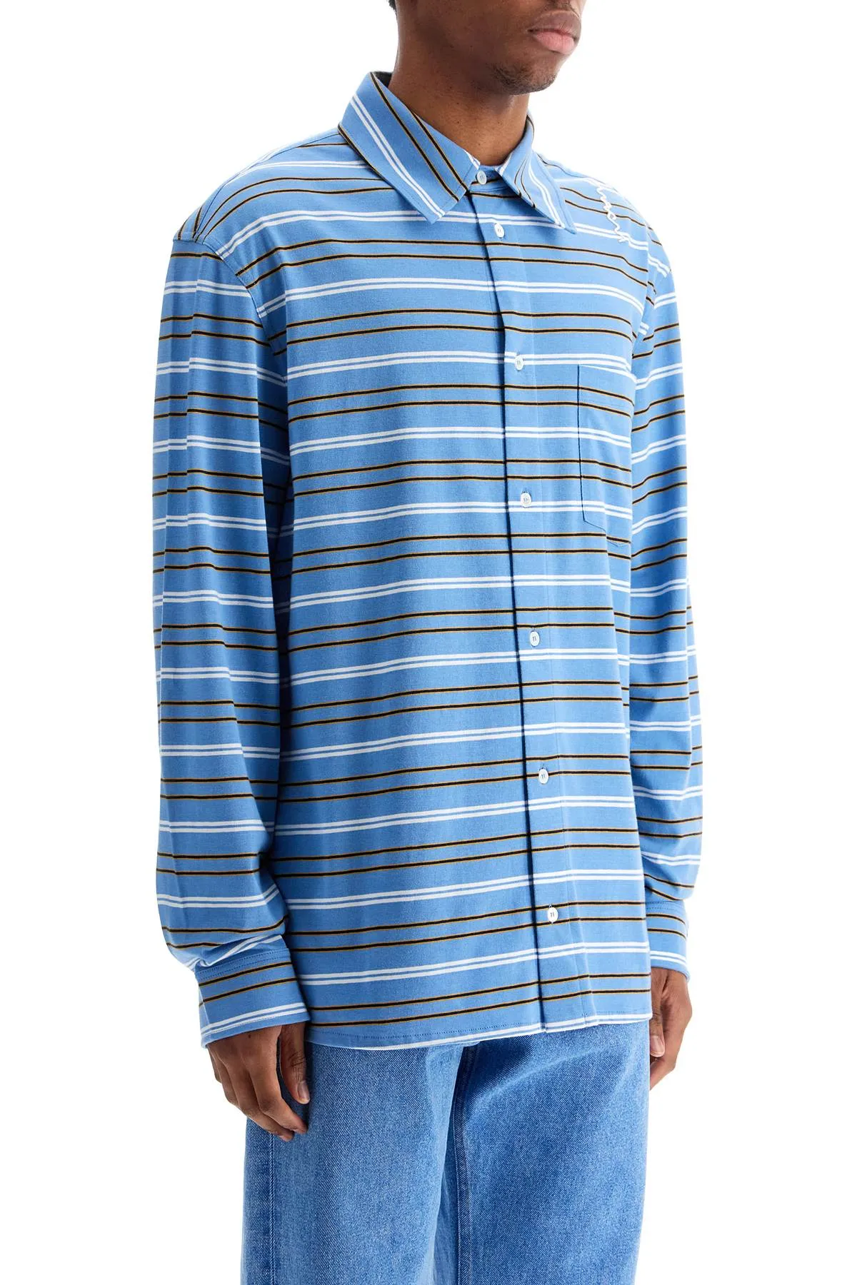 Marni Light Blue Cotton Turtleneck Polo With Horizontal Stripes