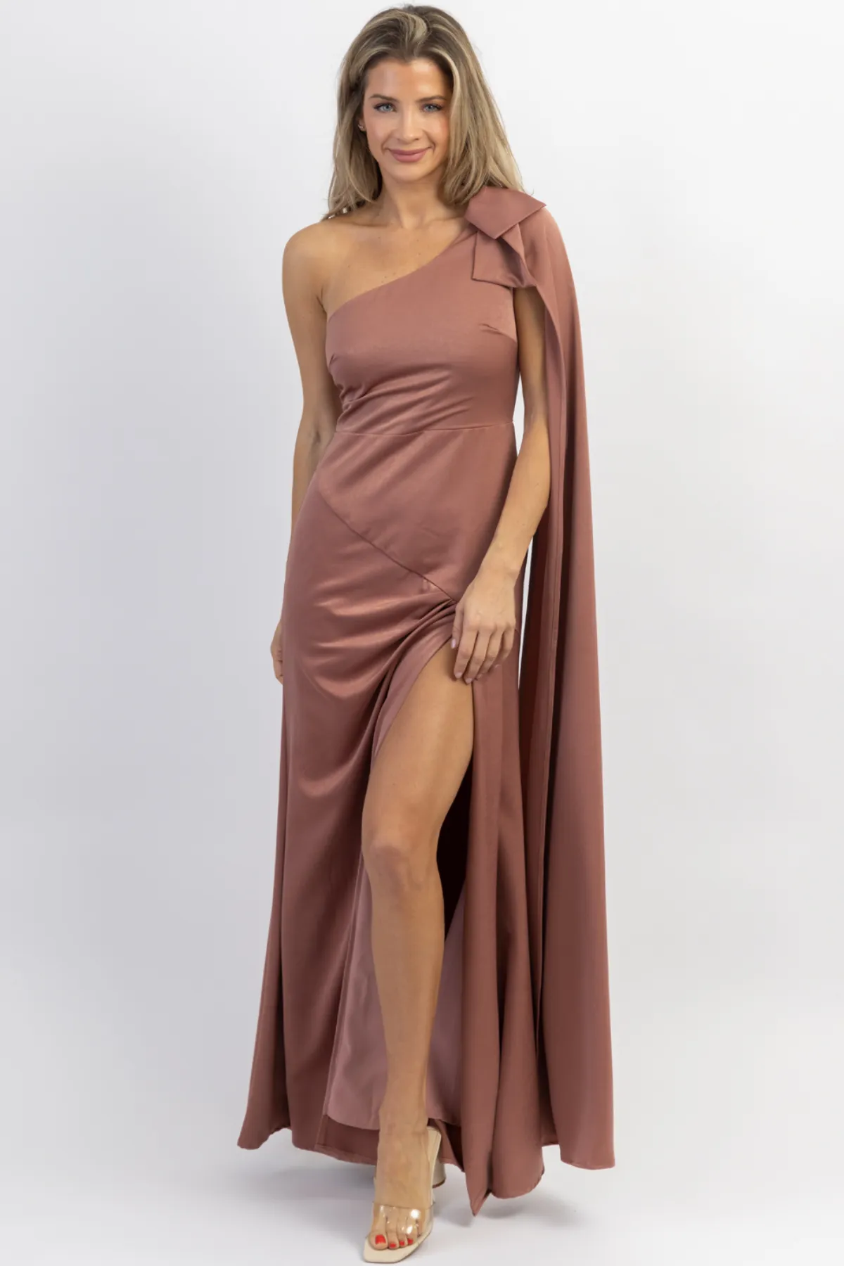 MAUVE ONE SHOULDER + SASH SATIN MAXI DRESS