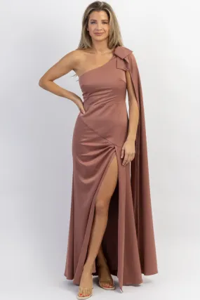 MAUVE ONE SHOULDER + SASH SATIN MAXI DRESS