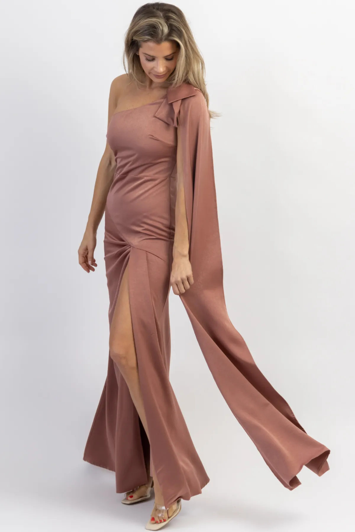 MAUVE ONE SHOULDER + SASH SATIN MAXI DRESS