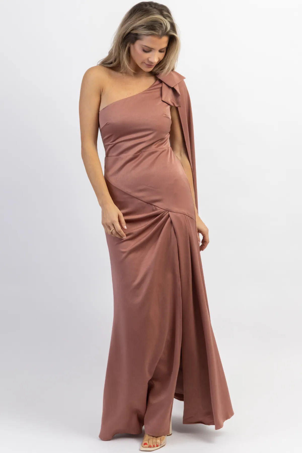 MAUVE ONE SHOULDER + SASH SATIN MAXI DRESS