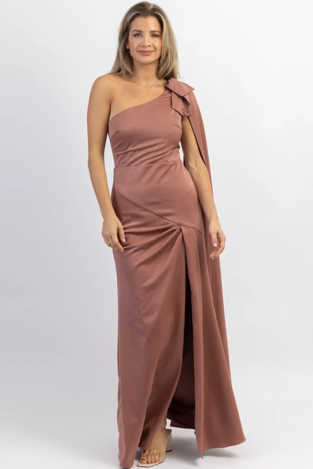 MAUVE ONE SHOULDER + SASH SATIN MAXI DRESS