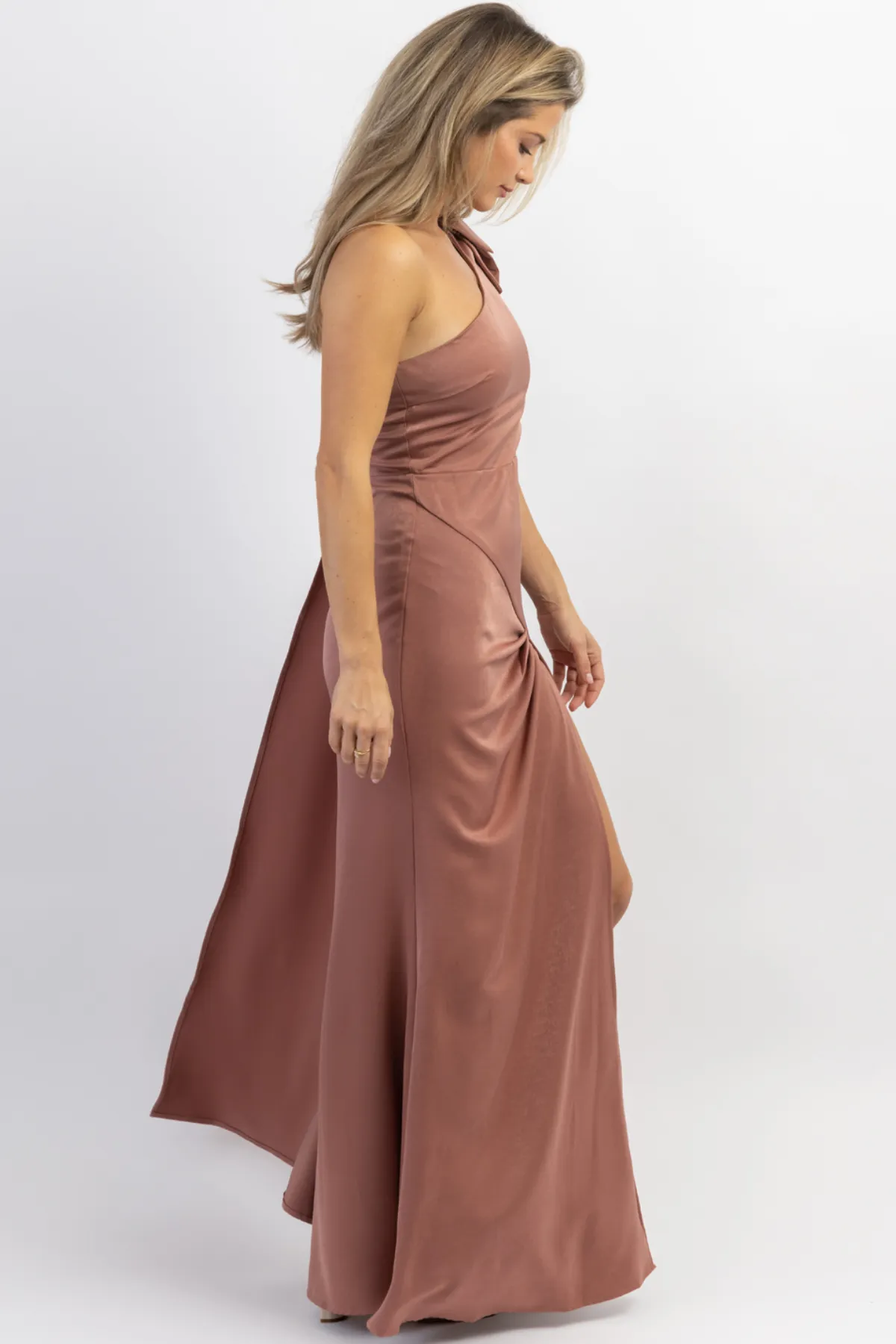 MAUVE ONE SHOULDER + SASH SATIN MAXI DRESS