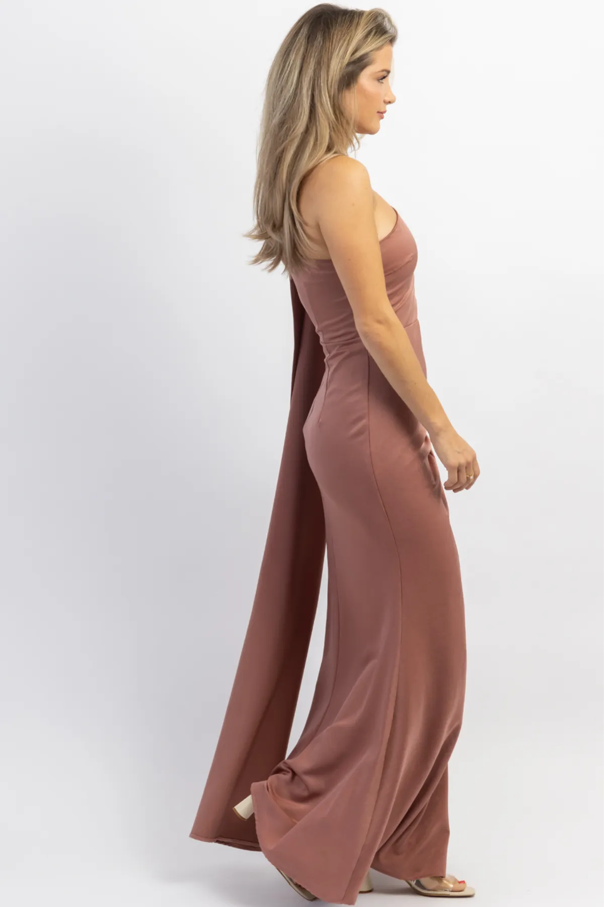 MAUVE ONE SHOULDER + SASH SATIN MAXI DRESS