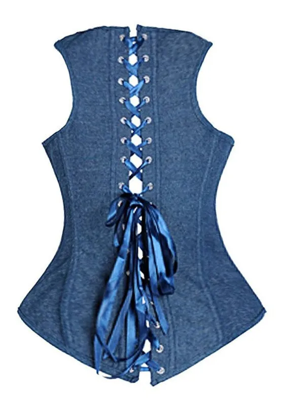 Medieval Renaissance Cupless Corset with Shoulder Straps for Ren Faires - Classic Denim Corset