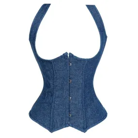 Medieval Renaissance Cupless Corset with Shoulder Straps for Ren Faires - Classic Denim Corset