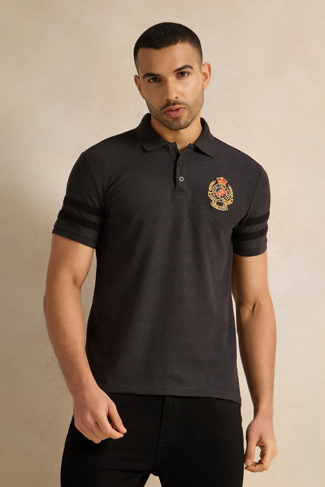 Men Charcoal Badge Polo Shirt