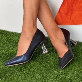 Menbur Belona 24690 Navy Glitter Flared Heels