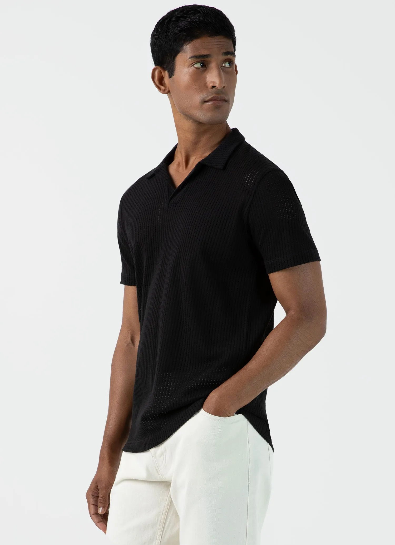 Black Men's Linear Mesh Polo Shirt