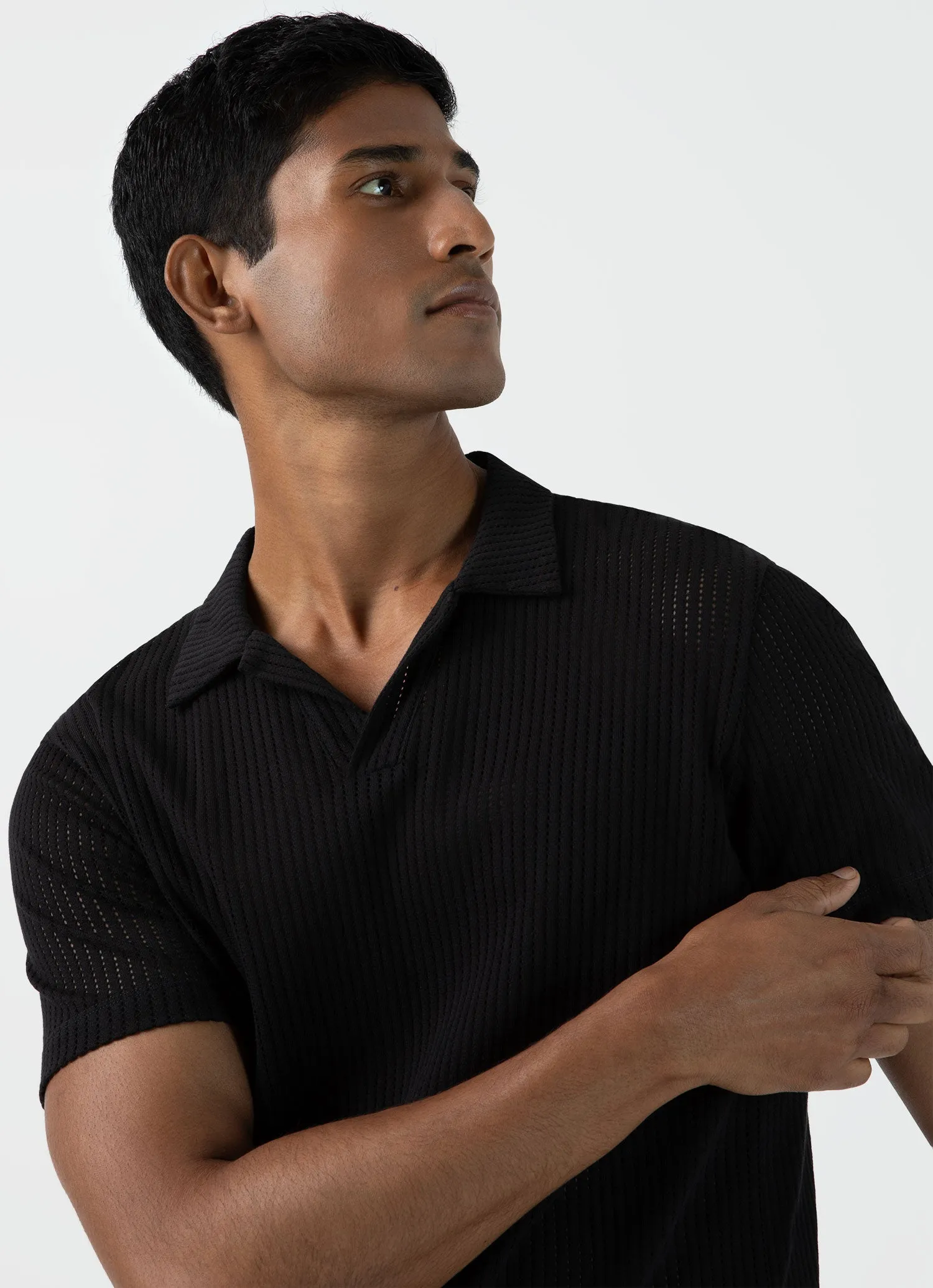 Black Men's Linear Mesh Polo Shirt