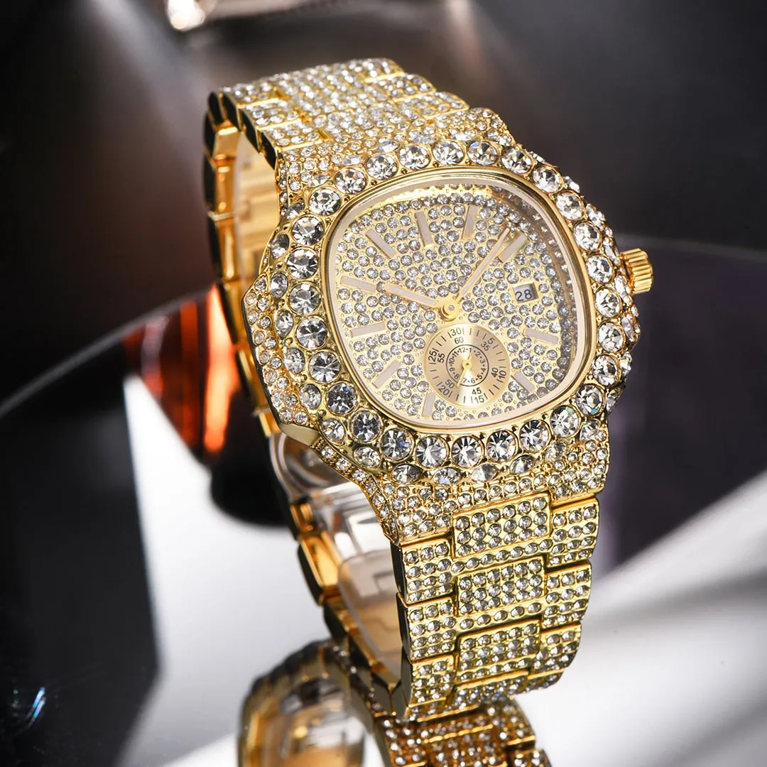 Men's Luxury Diamond Automatic Date Stainless Steel Quartz Wristwatch