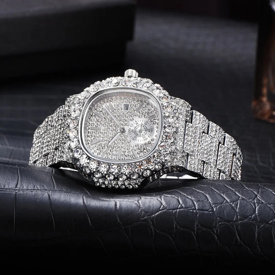 Men's Luxury Diamond Automatic Date Stainless Steel Quartz Wristwatch