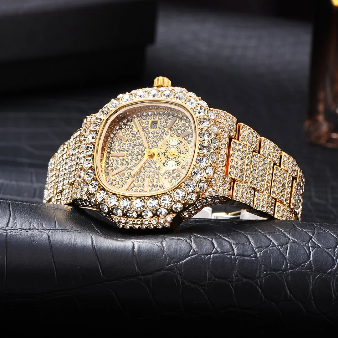 Men's Luxury Diamond Automatic Date Stainless Steel Quartz Wristwatch