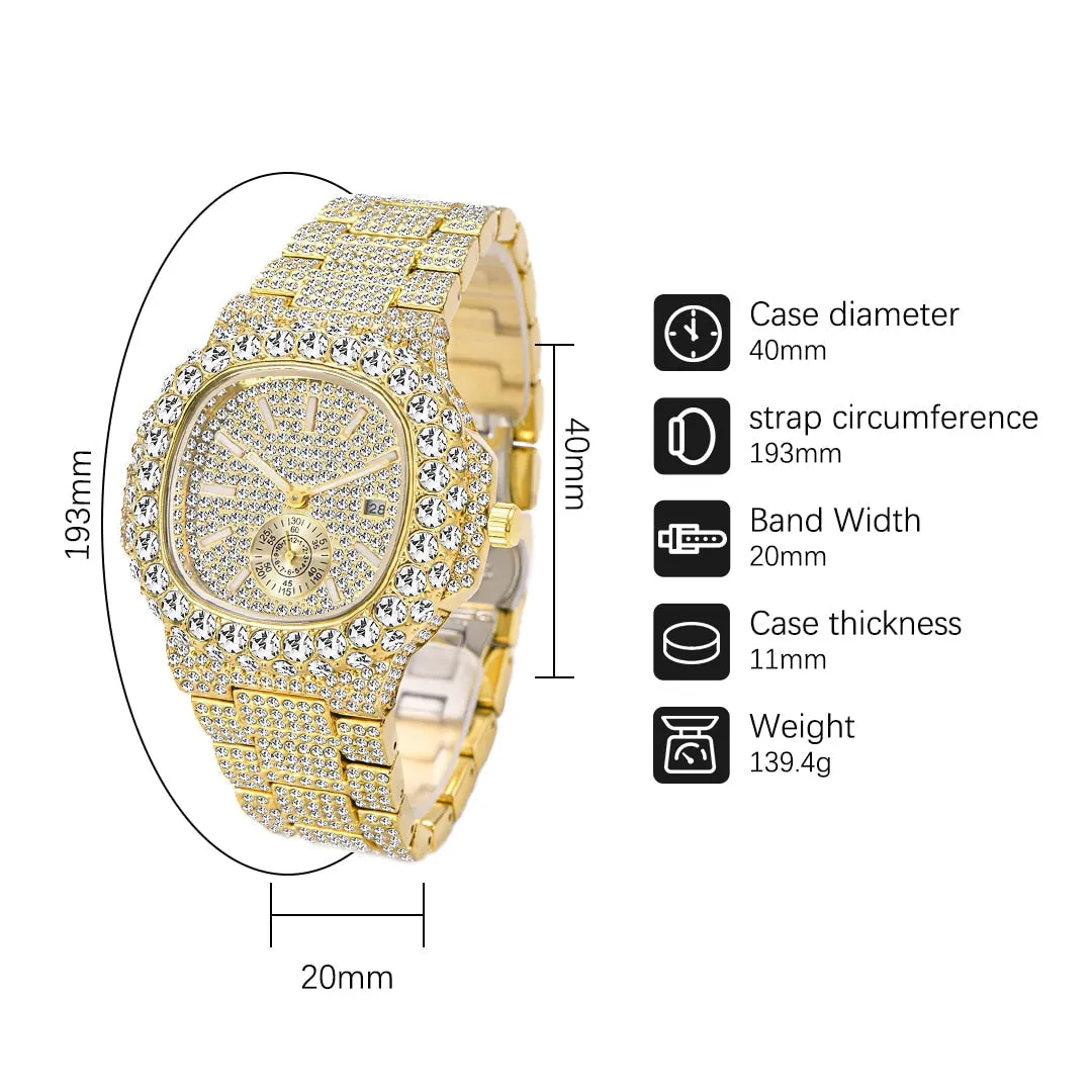 Men's Luxury Diamond Automatic Date Stainless Steel Quartz Wristwatch