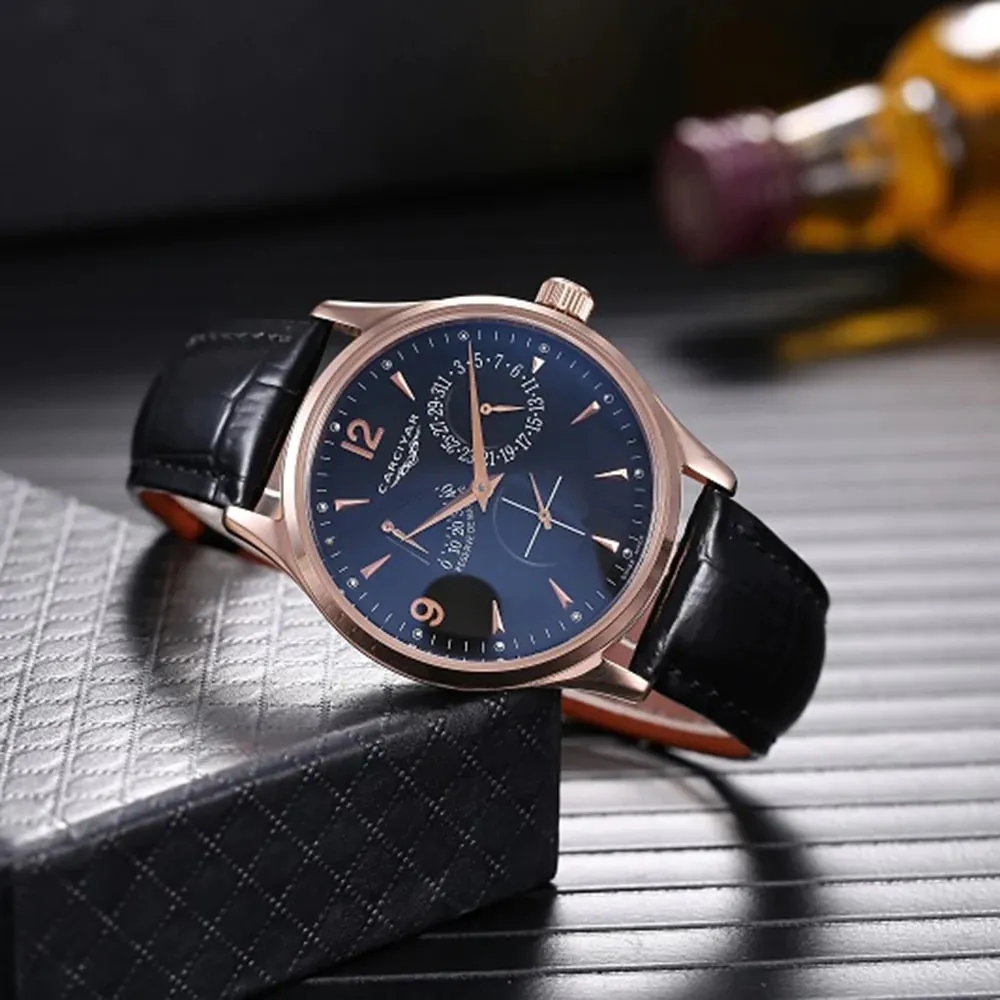 Men's Rose Gold Power Reserve E Dial Water Resistant Wristwatch