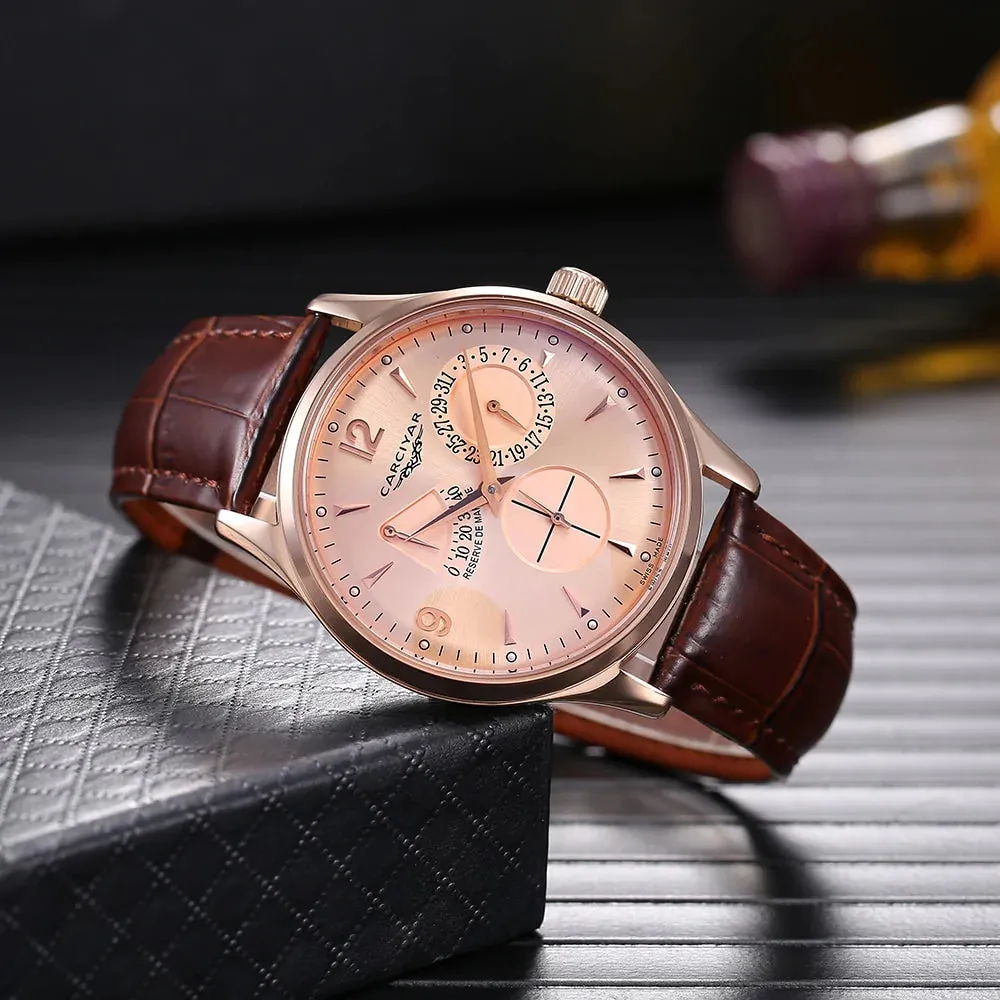 Men's Rose Gold Power Reserve E Dial Water Resistant Wristwatch