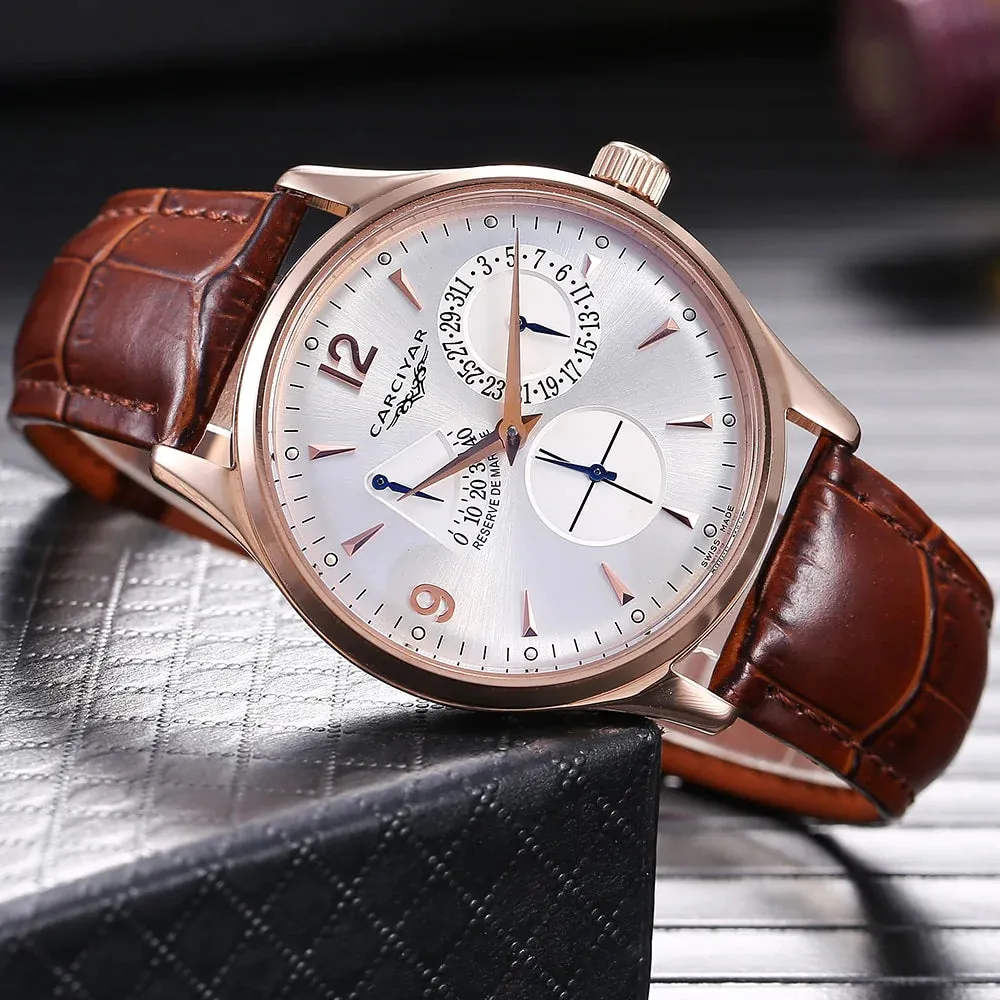 Men's Rose Gold Power Reserve E Dial Water Resistant Wristwatch