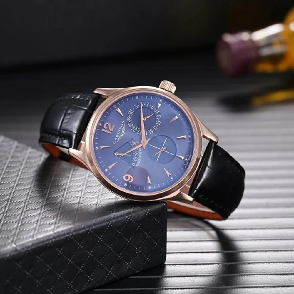 Men's Rose Gold Power Reserve E Dial Water Resistant Wristwatch