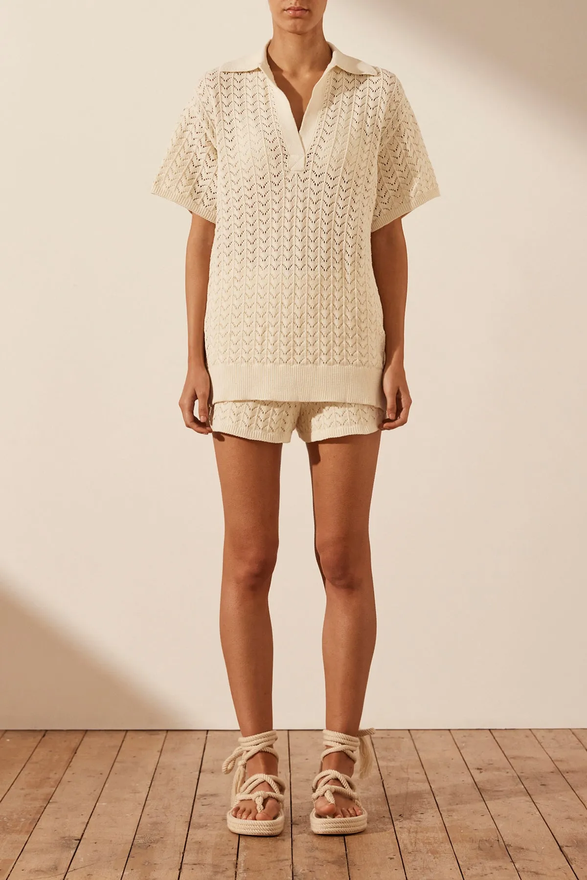 MIKALA CROCHET POLO RELAXED TOP - COCONUT