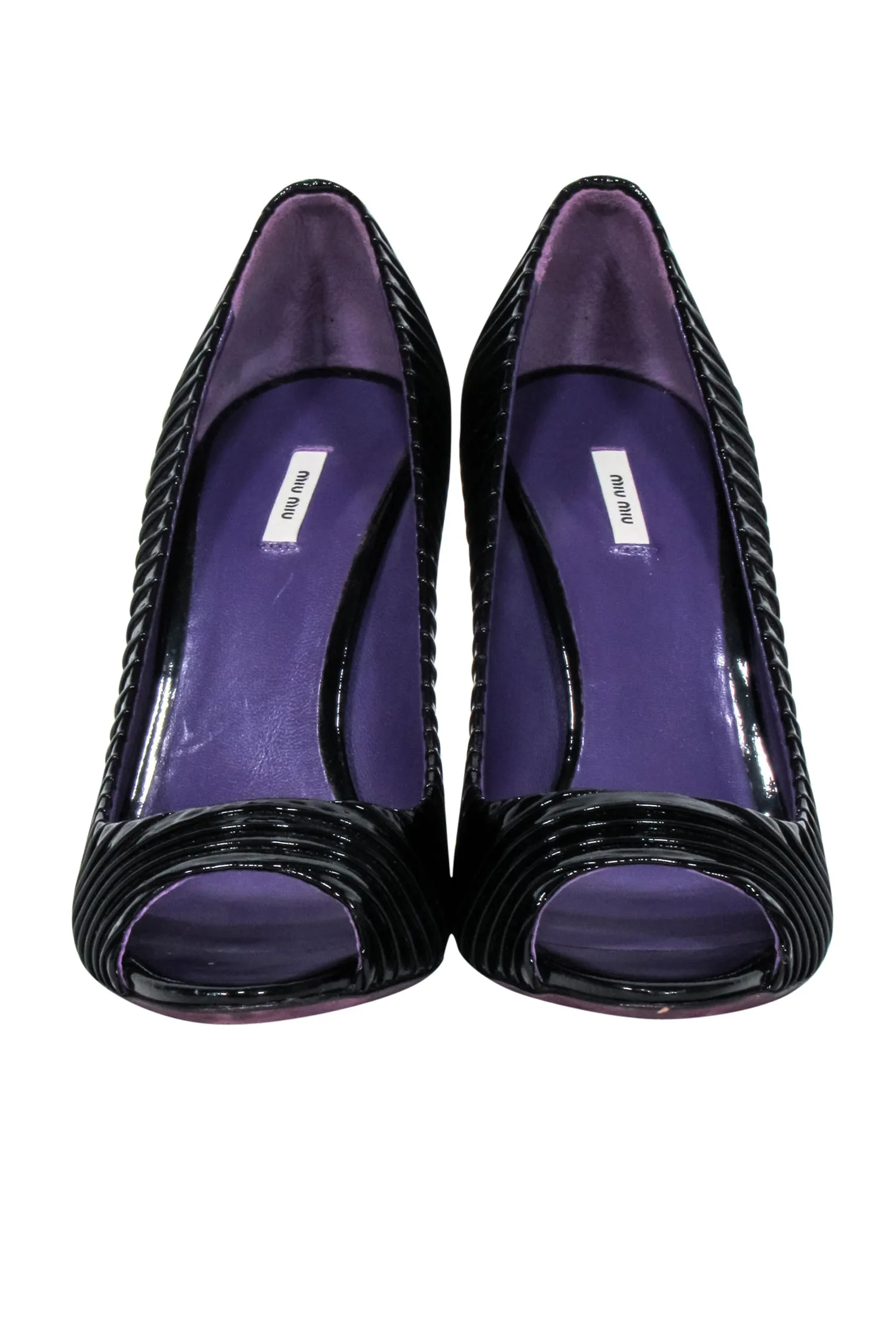 Miu Miu - Black Pleated Patent Leather Embellished Heels Sz 8.5