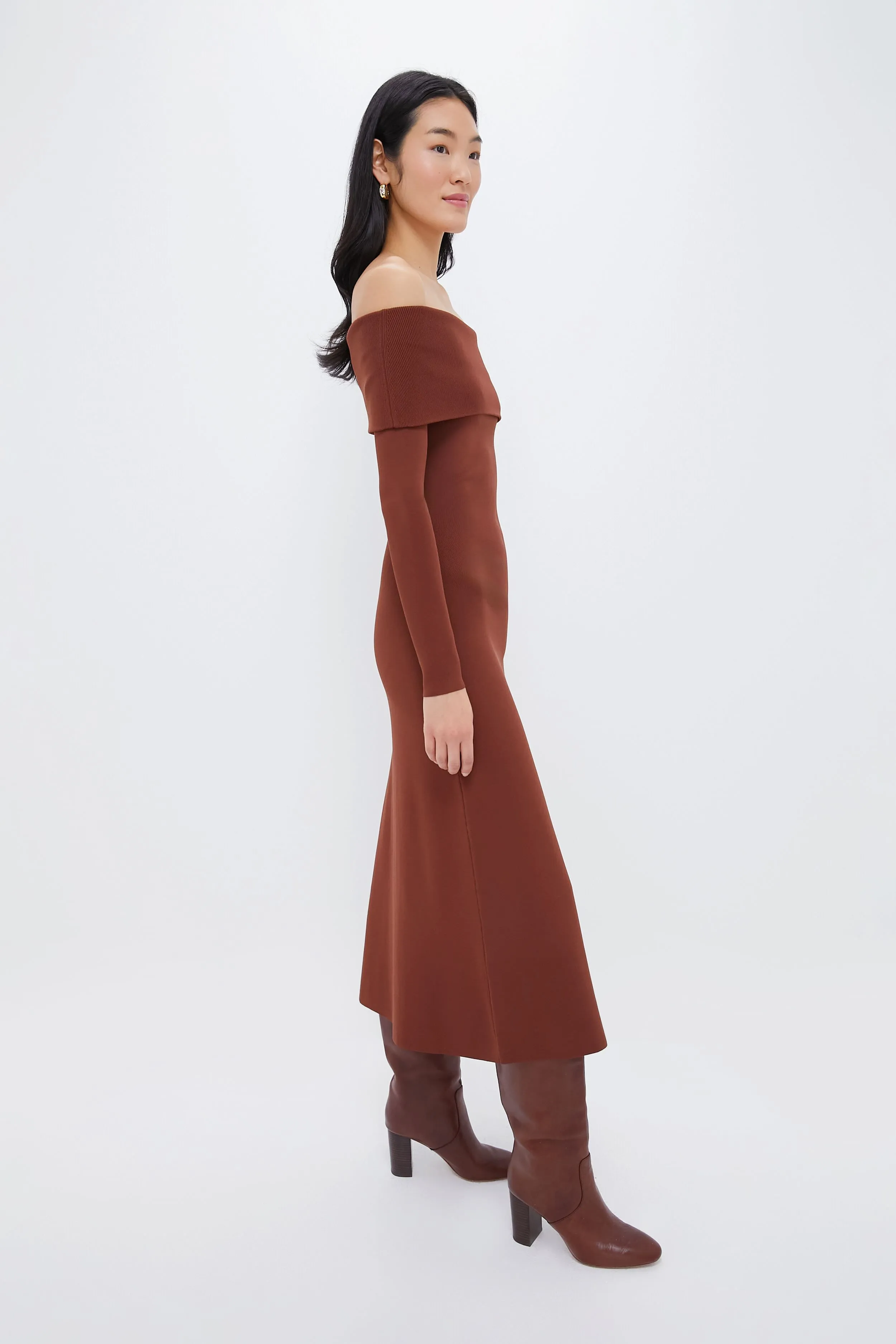 Mocha Knit Off-The-Shoulder Adrianna Dress