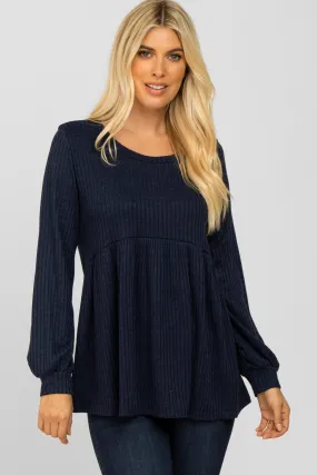 Navy Babydoll Long Sleeve Top Textured Knit