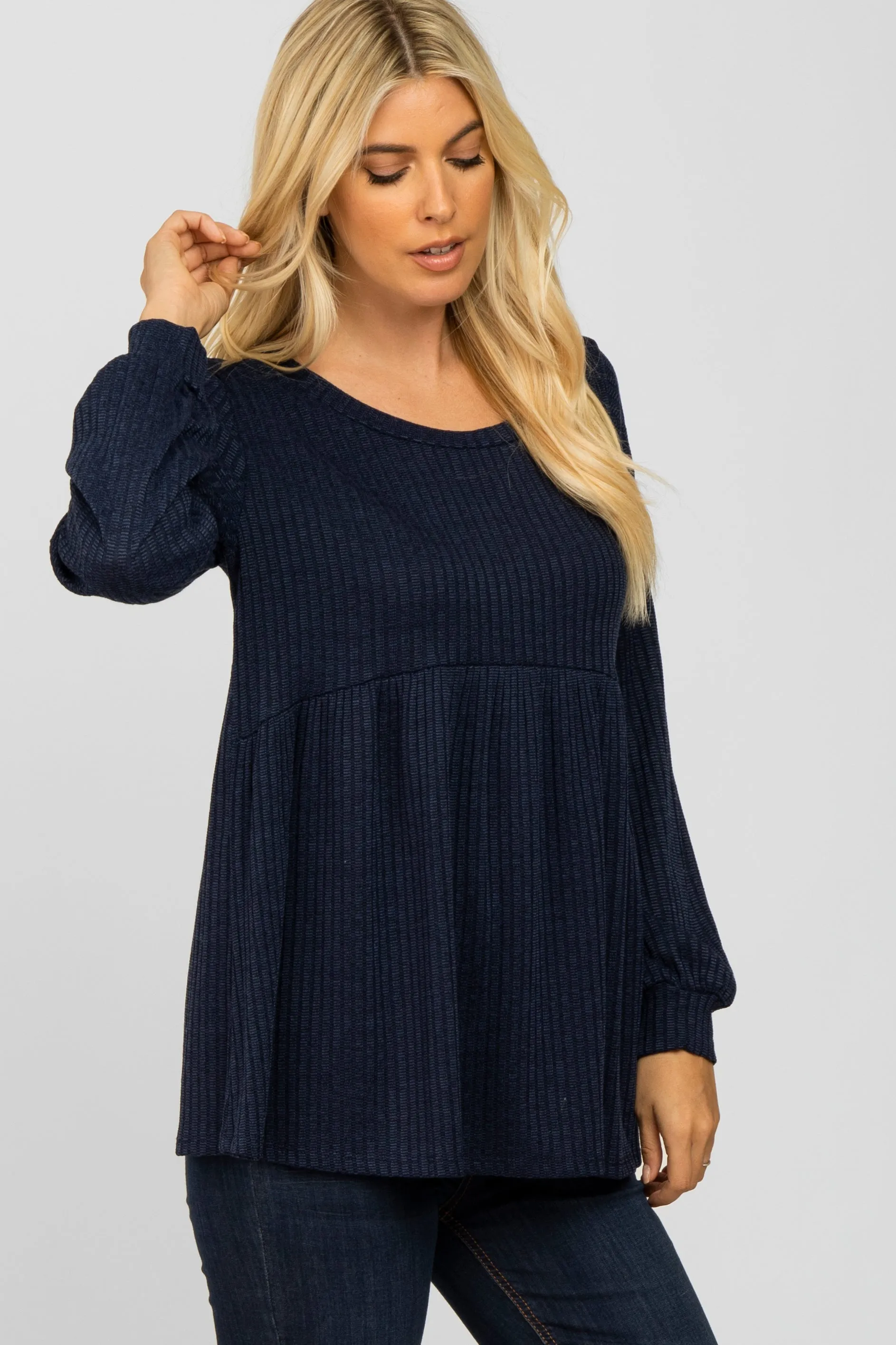 Navy Babydoll Long Sleeve Top Textured Knit