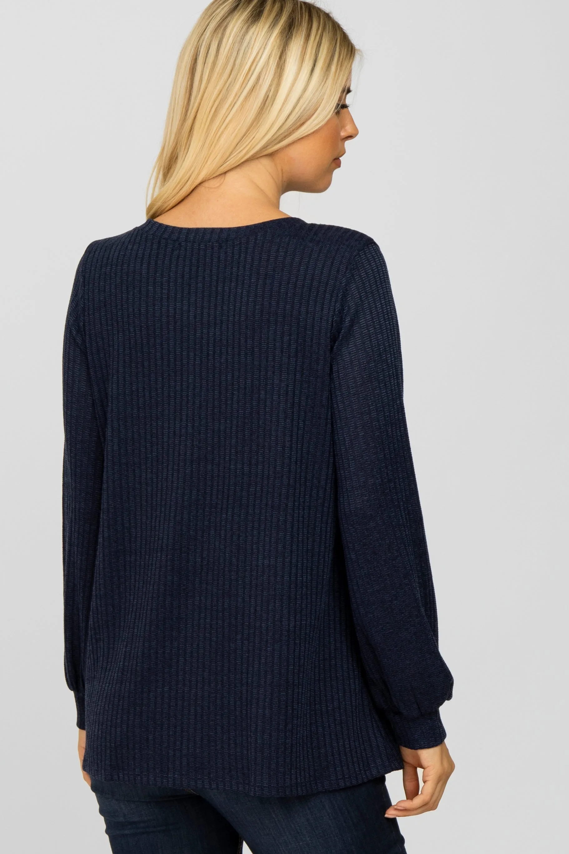 Navy Babydoll Long Sleeve Top Textured Knit