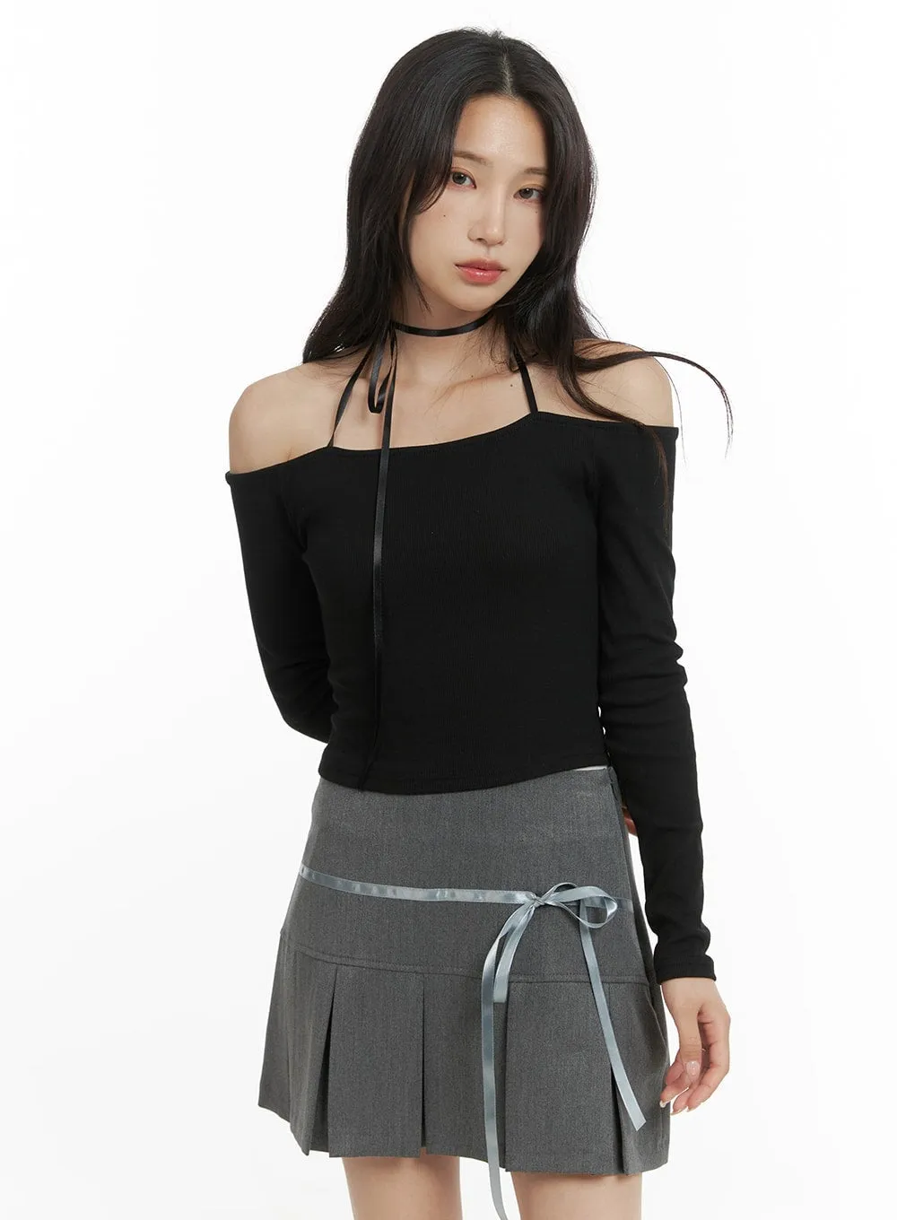 Crop Top with Off-Shoulder Design and Neck Strap - CM426