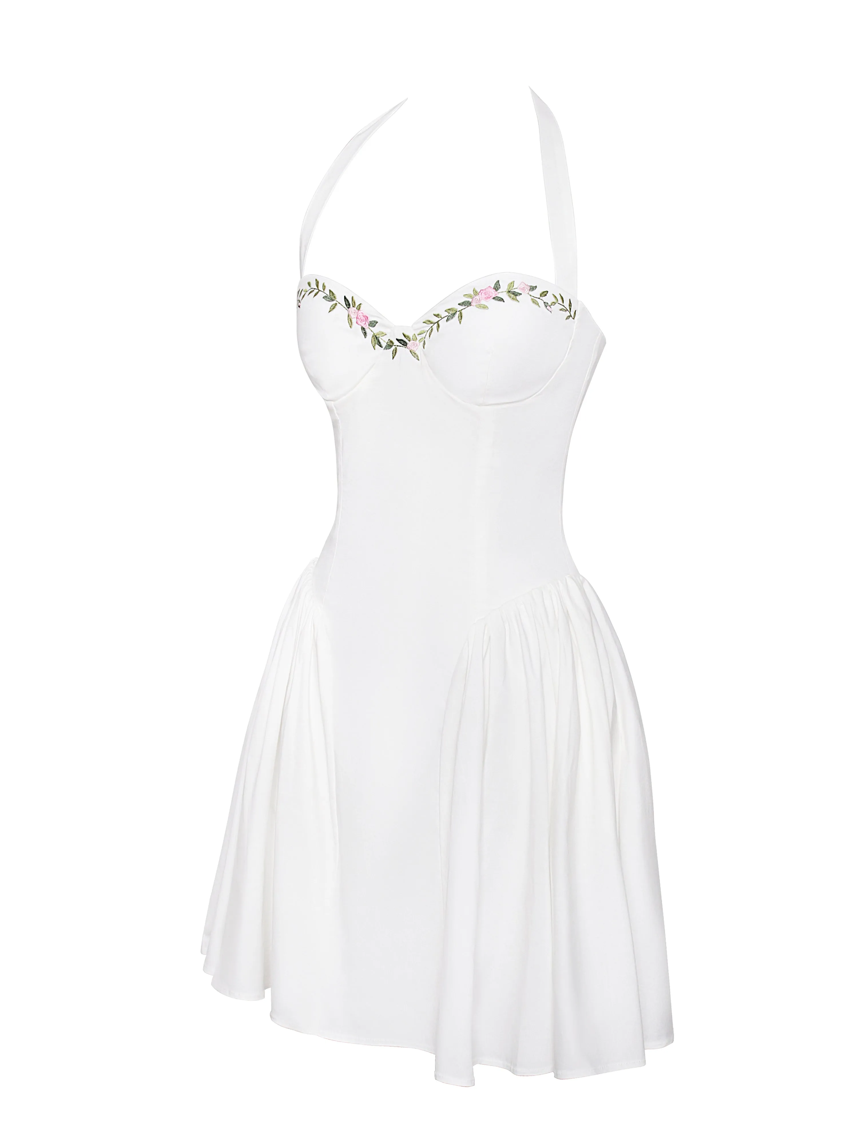 Nina White Embroidered Halter Mini Dress