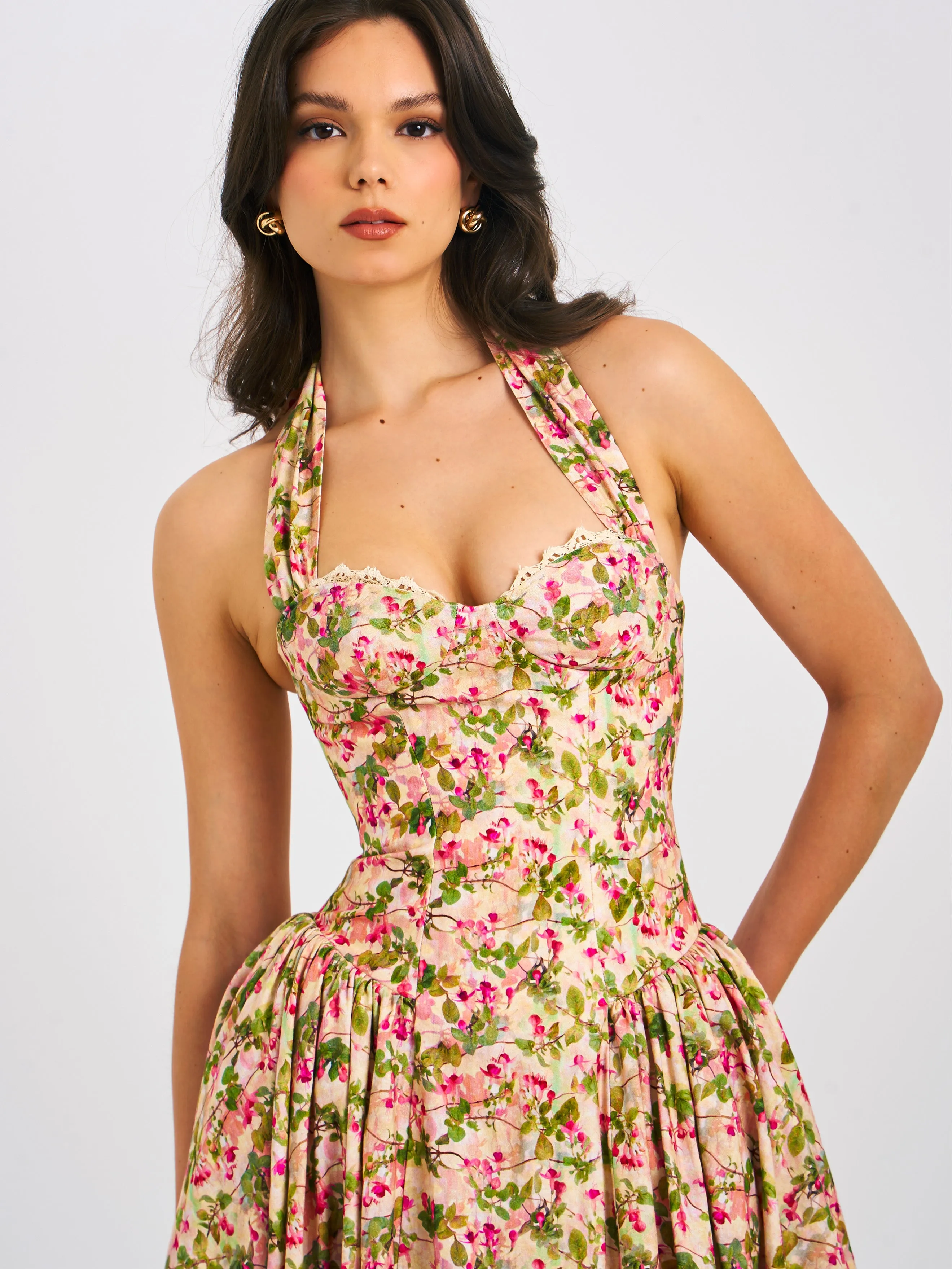 Niya Floral Print Linen Halter Corset Maxi Dress