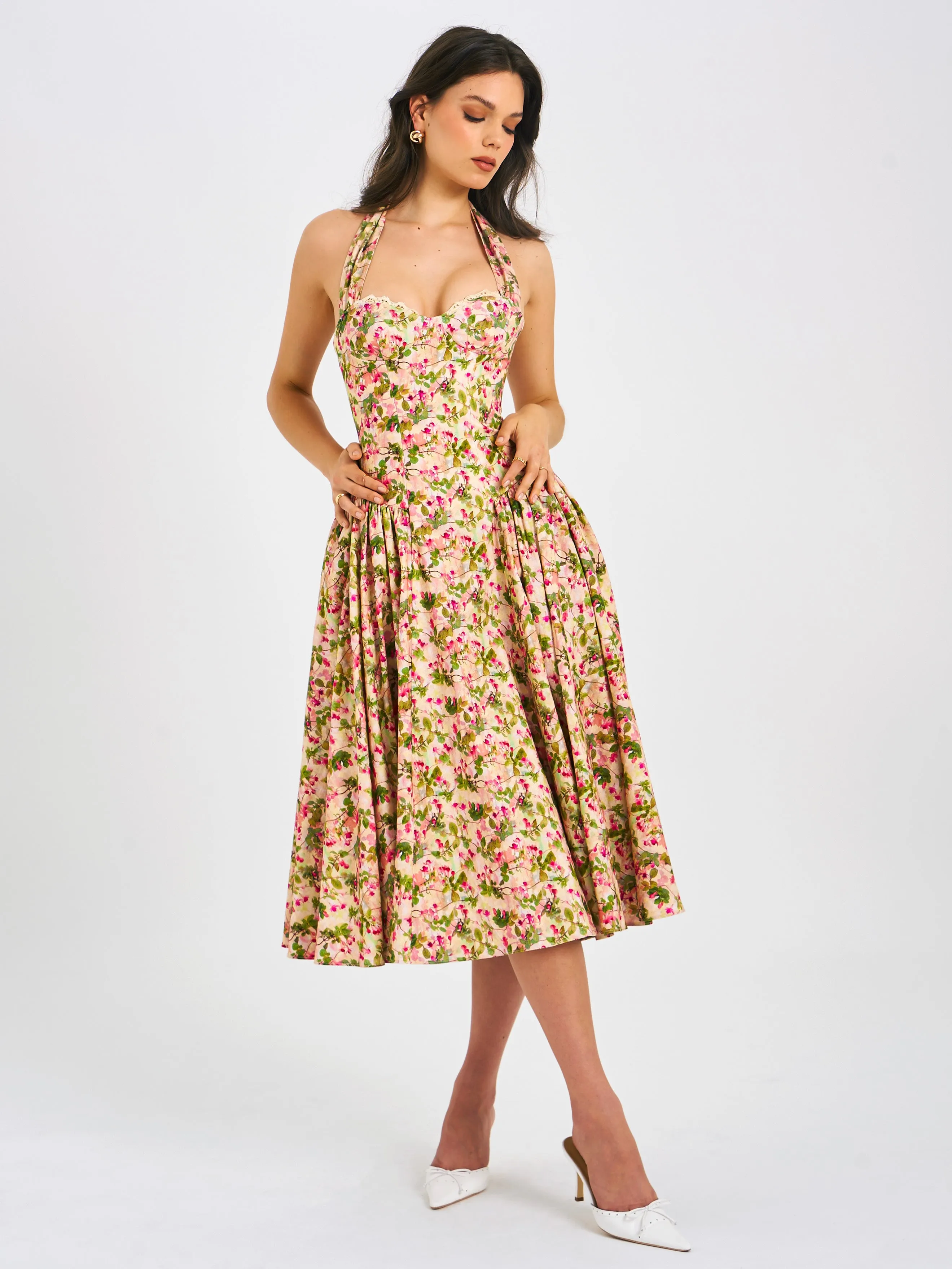 Niya Floral Print Linen Halter Corset Maxi Dress