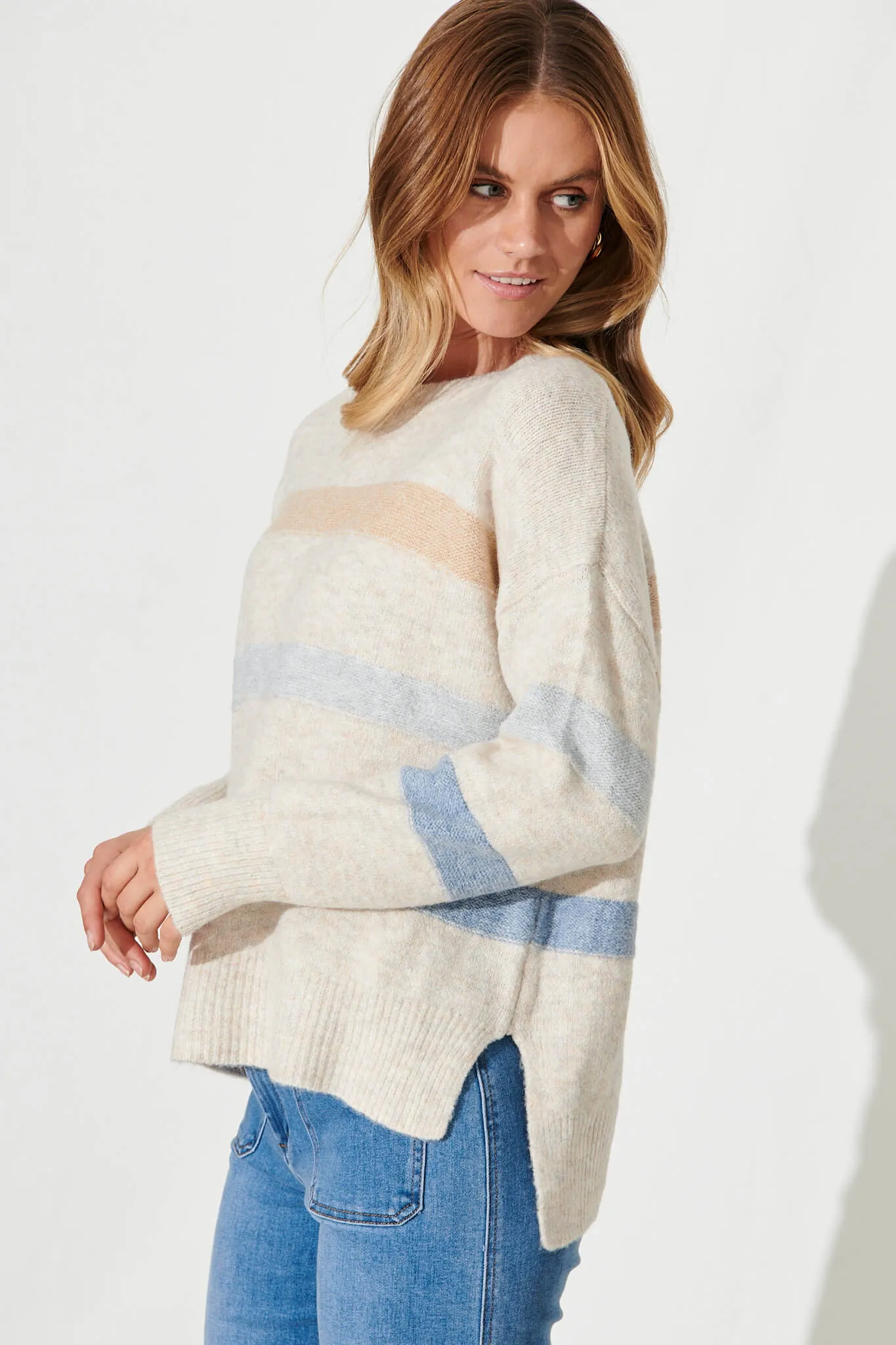 Nove Knit In Light Brown With Blue Stripe Wool Blend