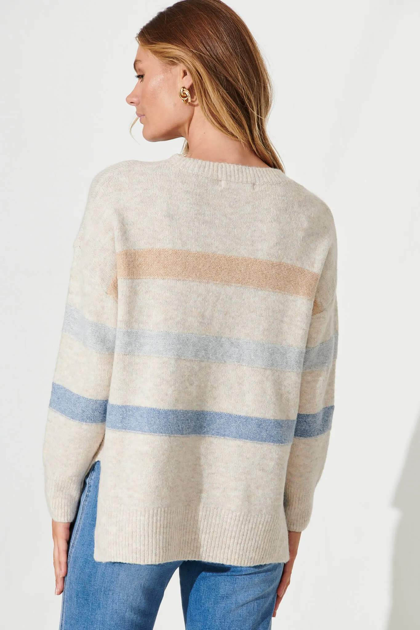 Nove Knit In Light Brown With Blue Stripe Wool Blend