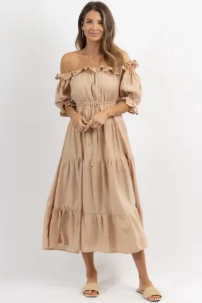 NUDE OFF SHOULDER RUFFLE + TIE WAIST MAXI DRESS