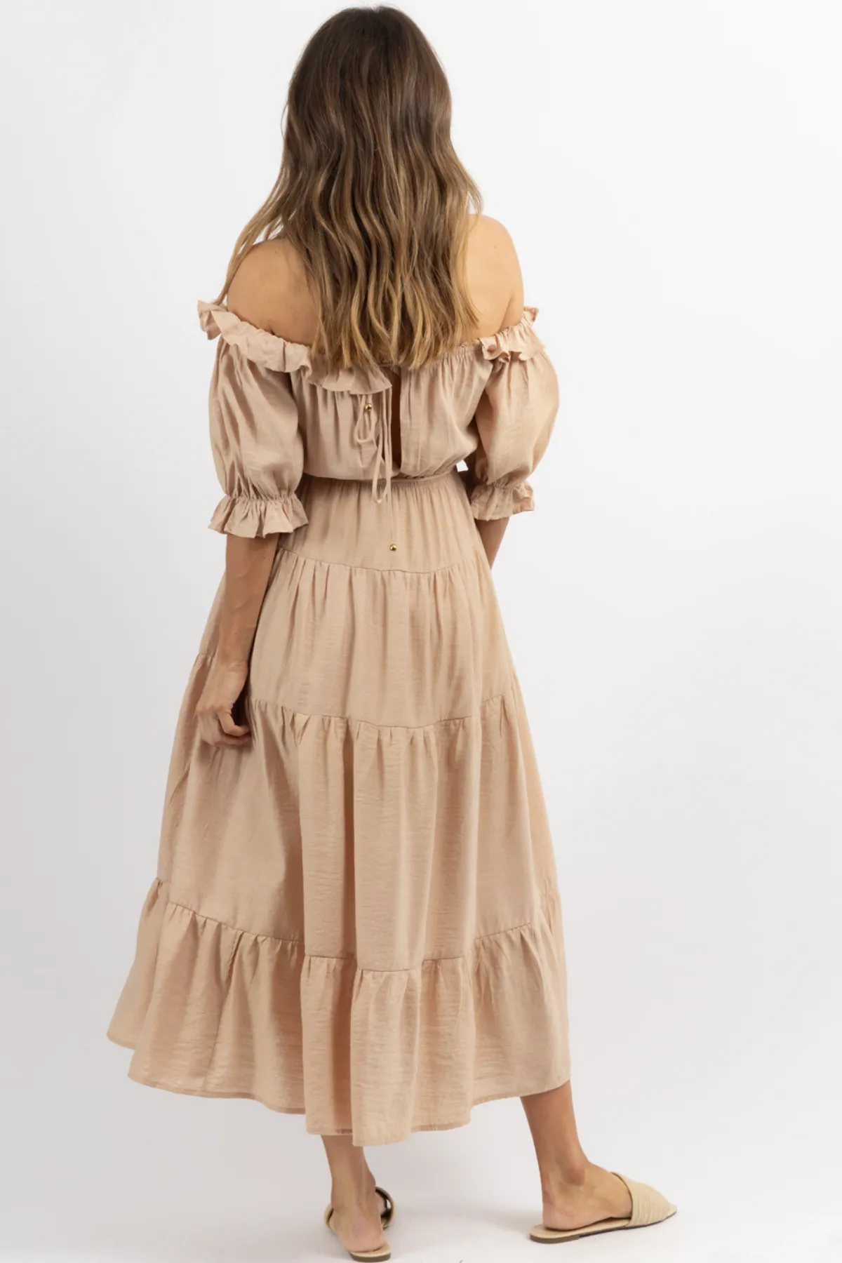 NUDE OFF SHOULDER RUFFLE + TIE WAIST MAXI DRESS