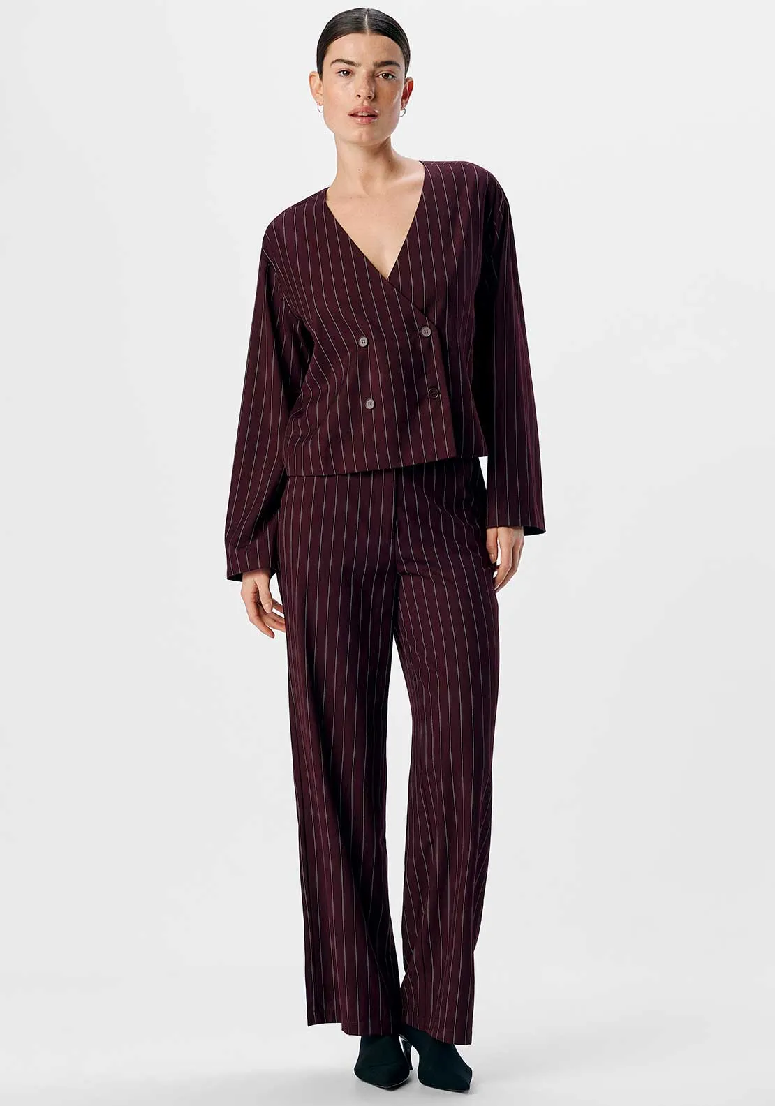 Object Shay Pinstripe Wide Leg Trousers, Wine