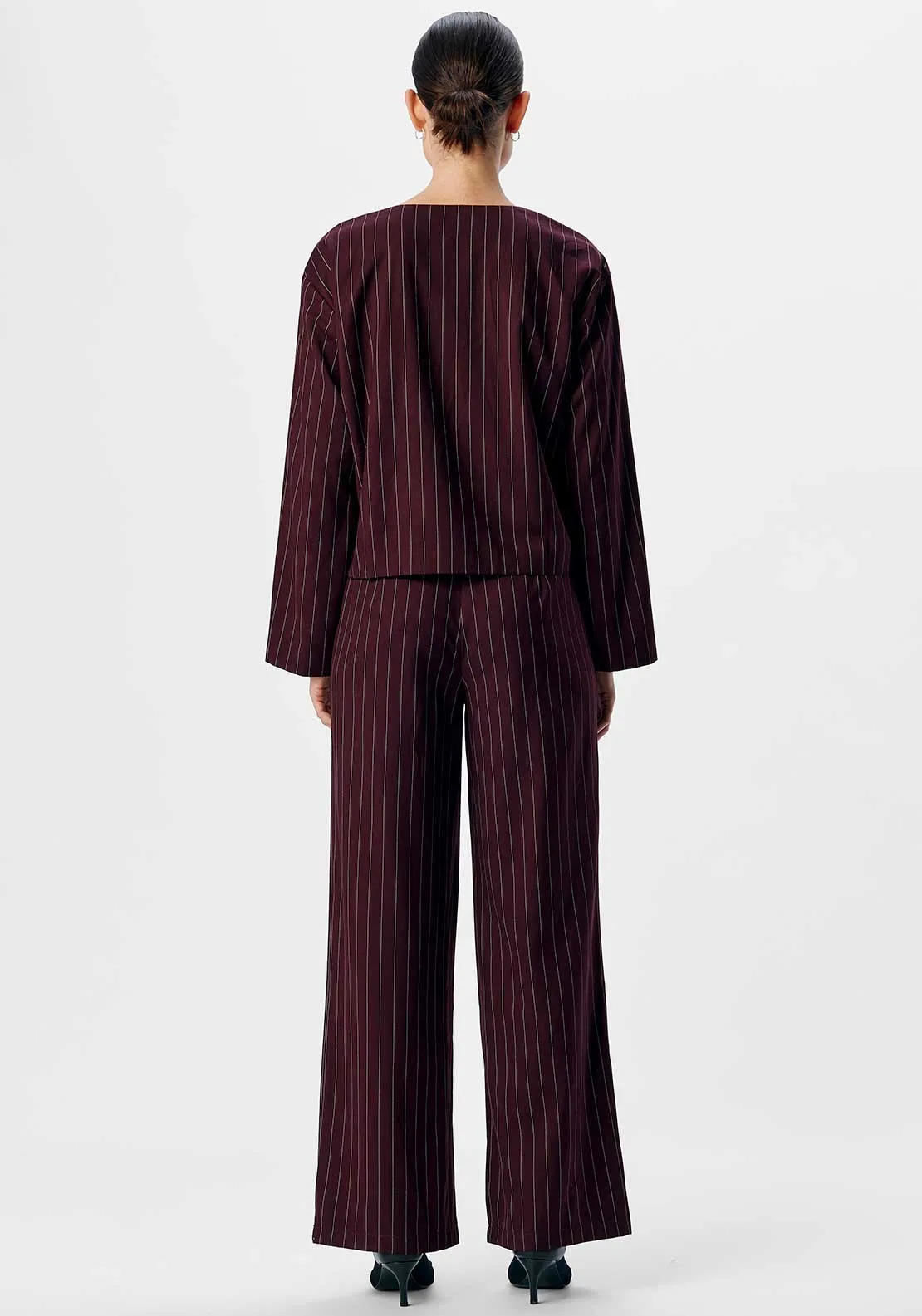 Object Shay Pinstripe Wide Leg Trousers, Wine