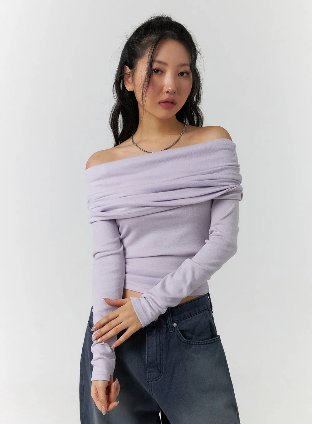 Ruched Long Sleeve Off Shoulder Top