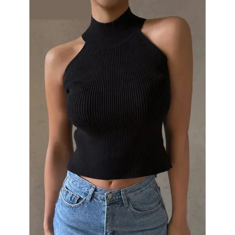 Off Shoulder Slim Ribbed Solid Tank Top for Women