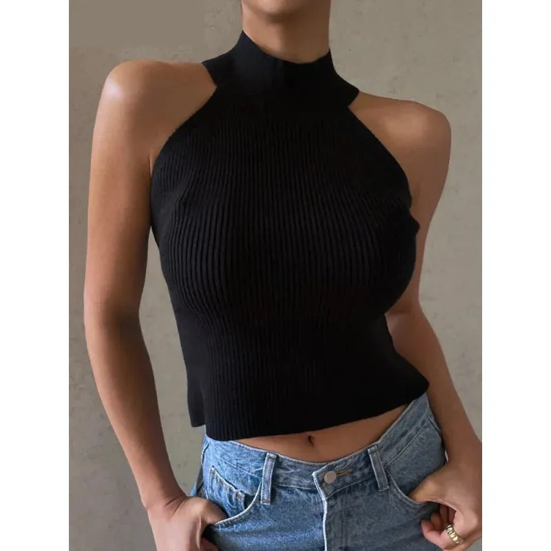 Off Shoulder Slim Ribbed Solid Tank Top for Women