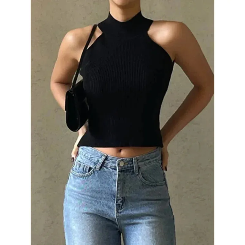 Off Shoulder Slim Ribbed Solid Tank Top for Women