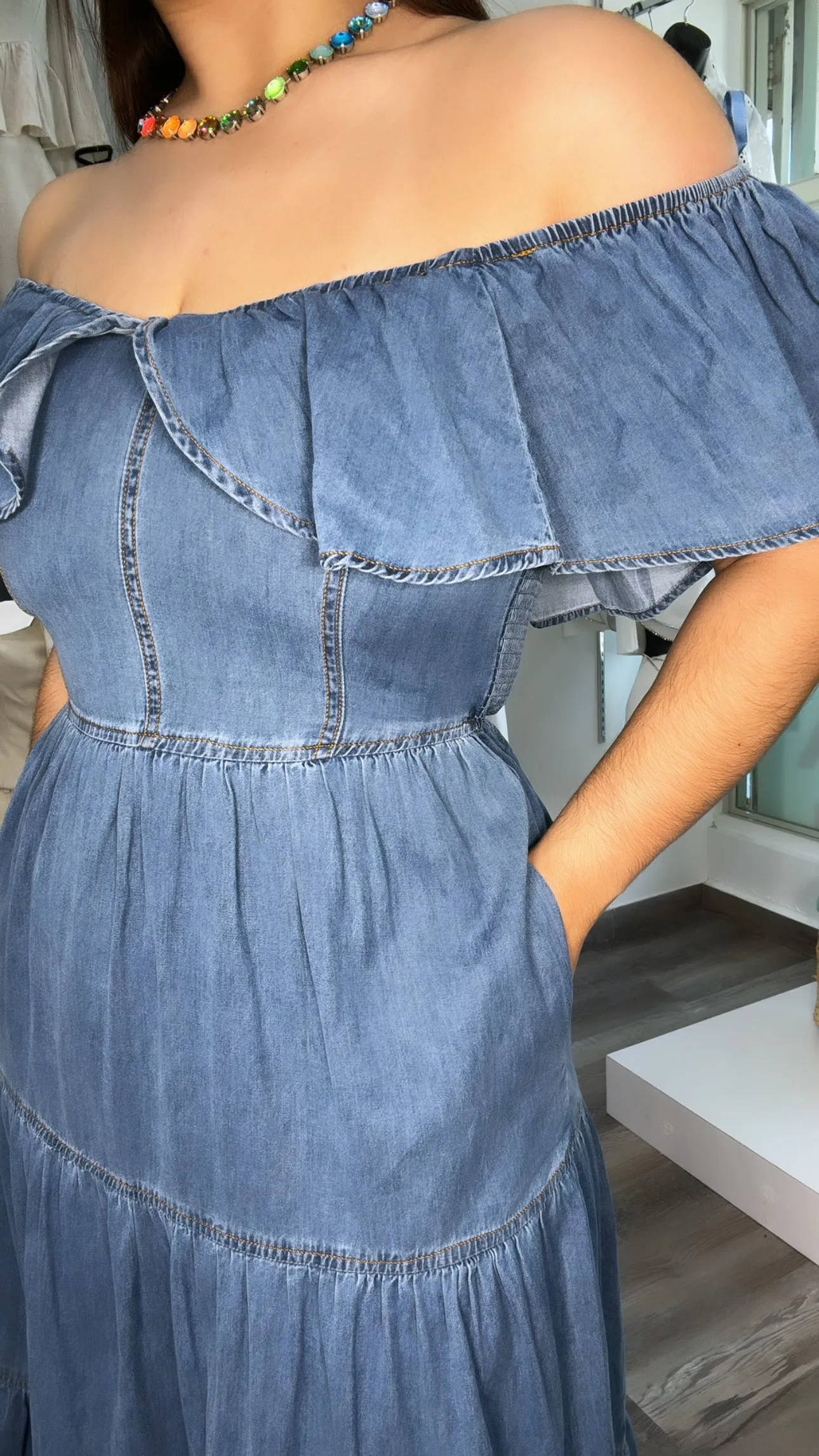 Off The Shoulder Denim Dress