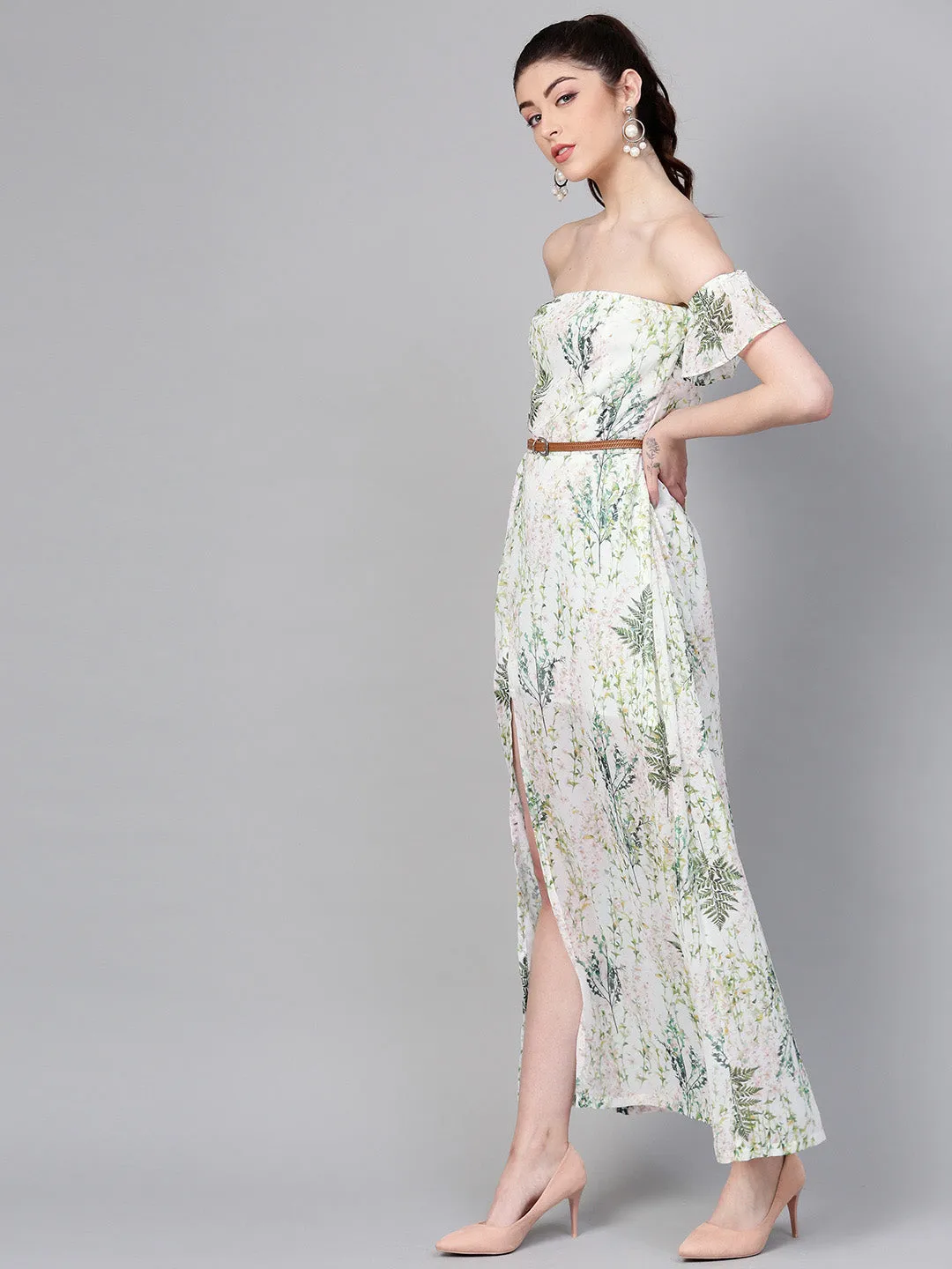 Off-White Floral Off Shoulder Belted Maxi