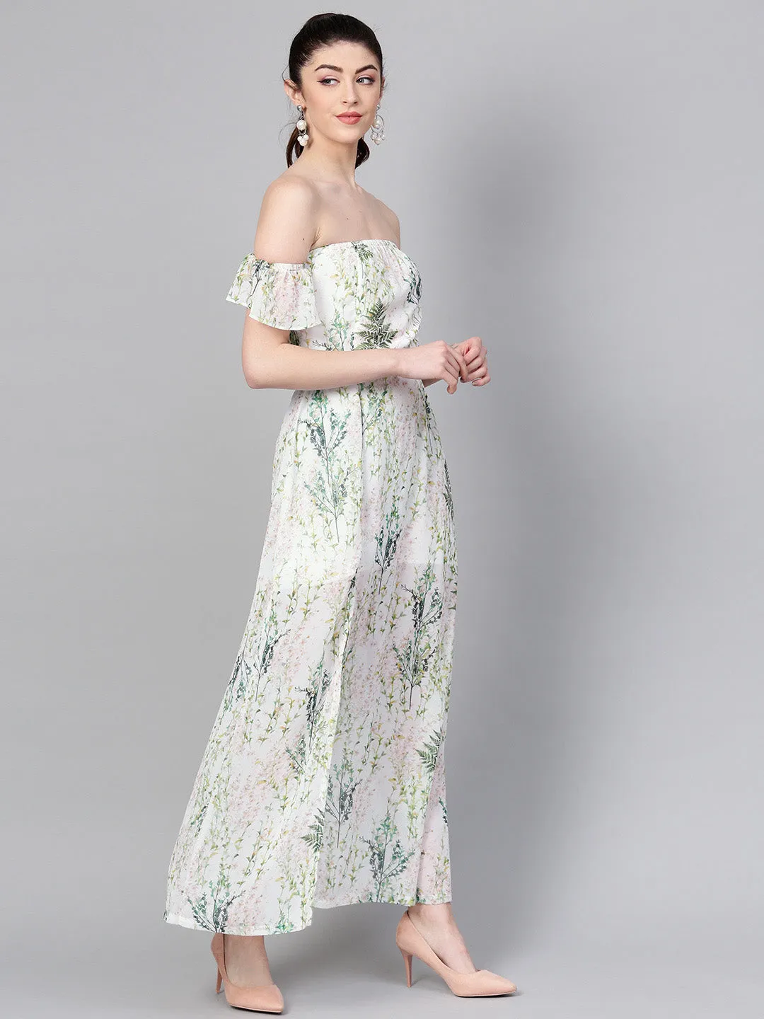 Off-White Floral Off Shoulder Belted Maxi